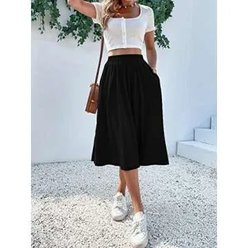 Verdusa Women's Elastic Waist Pocket Side A Line Midi Swing Flared Skirt Black XL