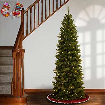 National Tree Company Pre-Lit Artificial Slim Christmas Tree, Green, North Valley Spruce, White Lights, Includes Stand, 7 Feet