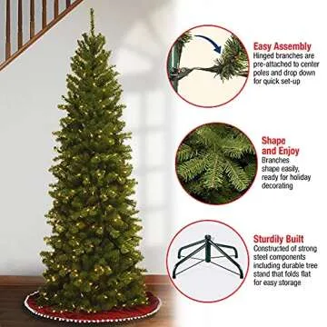 National Tree Company Pre-Lit Artificial Slim Christmas Tree, Green, North Valley Spruce, White Lights, Includes Stand, 7 Feet