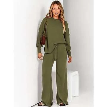 ANRABESS Women 2 Piece Outfits Oversized Chunky Knit Sweater Top Wide Leg Pants 2024 Fall Lounge Set Trendy Cozy Clothes Green Medium