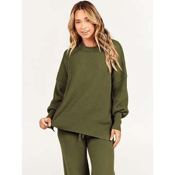 ANRABESS Women 2 Piece Outfits Oversized Chunky Knit Sweater Top Wide Leg Pants 2024 Fall Lounge Set Trendy Cozy Clothes Green Medium