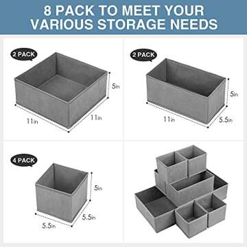 Drawer Organizer Clothes, 8 Pack Underwear Drawer Organizer, Foldable Closet Organizers and Storage Dresser Drawer Dividers for Clothes, Socks, Scarves, Ties (Gray)