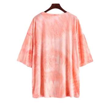 Fenxxxl Women Tie Dye Shirts Casual Loose Fit Short Sleeves Round Neck Boyfriend Tee Tops F491-286-Pink M