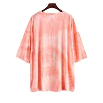 Fenxxxl Women Tie Dye Shirts Casual Loose Fit Short Sleeves Round Neck Boyfriend Tee Tops F491-286-Pink M