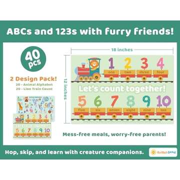 Disposable Placemats for Baby, Toddlers and Kids, 40 Disposable Baby Placemats for Restaurant, Dining Table & Travel, Learning Placemats for Kids, Toddler Travel Essential, Animals ABC & Numbers