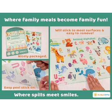 Disposable Placemats for Baby, Toddlers and Kids, 40 Disposable Baby Placemats for Restaurant, Dining Table & Travel, Learning Placemats for Kids, Toddler Travel Essential, Animals ABC & Numbers