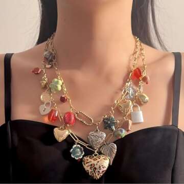 JNF Chunky Layered Gold Charm Necklace for Women Boho Heart Sun Flower Key Coins Charms Necklaces Gold Paper Clip Link Chain Necklace Y2K Statement Jewelry