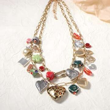 JNF Chunky Layered Gold Charm Necklace for Women Boho Heart Sun Flower Key Coins Charms Necklaces Gold Paper Clip Link Chain Necklace Y2K Statement Jewelry