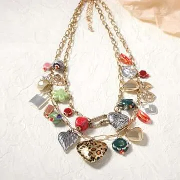 JNF Chunky Layered Gold Charm Necklace for Women Boho Heart Sun Flower Key Coins Charms Necklaces Gold Paper Clip Link Chain Necklace Y2K Statement Jewelry