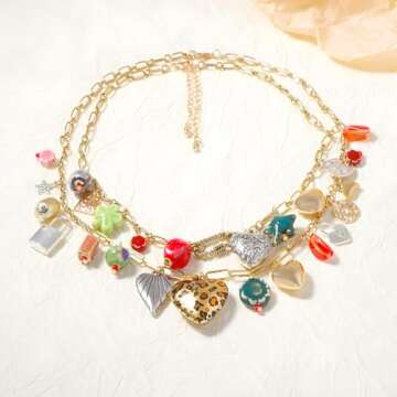 JNF Chunky Layered Gold Charm Necklace for Women Boho Heart Sun Flower Key Coins Charms Necklaces Gold Paper Clip Link Chain Necklace Y2K Statement Jewelry