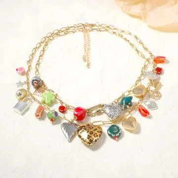 JNF Chunky Layered Gold Charm Necklace for Women Boho Heart Sun Flower Key Coins Charms Necklaces Gold Paper Clip Link Chain Necklace Y2K Statement Jewelry