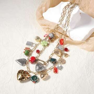 JNF Chunky Layered Gold Charm Necklace for Women Boho Heart Sun Flower Key Coins Charms Necklaces Gold Paper Clip Link Chain Necklace Y2K Statement Jewelry