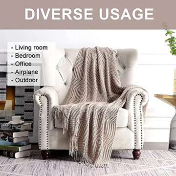 lifein Throw Blanket for Couch-Soft Spring Knitted Farmhouse Boho Throws,Cozy Knit Small Lightweight Blankets&Throws with Tassels for Bed,Chair,Sofa,Room,Home Decor(Light Khaki,50 * 60")