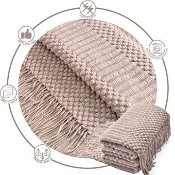 lifein Throw Blanket for Couch-Soft Spring Knitted Farmhouse Boho Throws,Cozy Knit Small Lightweight Blankets&Throws with Tassels for Bed,Chair,Sofa,Room,Home Decor(Light Khaki,50 * 60")