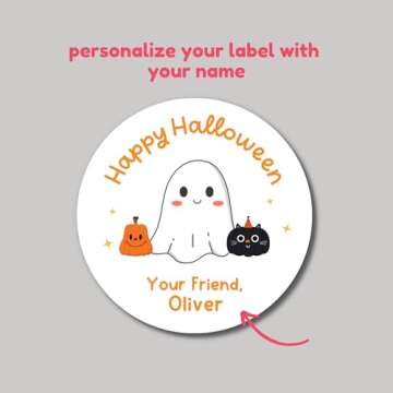 Emma Pink Studio Personalized Halloween Ghost & Friends Stickers, Custom Kids Happy Halloween Party Favor Treat Bags School Event Labels (2" - 20 stickers/set, Ghost - Orange)