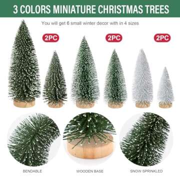 Hatisan 6pcs Mini Christmas Trees Small Bottle Brush Trees with Wooden Base, Artificial Christmas Trees for Village Tabletop Home Room Party Craft Christmas Decor Indoor(Green,Silver)