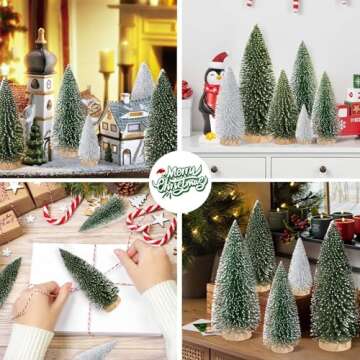 Hatisan 6pcs Mini Christmas Trees Small Bottle Brush Trees with Wooden Base, Artificial Christmas Trees for Village Tabletop Home Room Party Craft Christmas Decor Indoor(Green,Silver)
