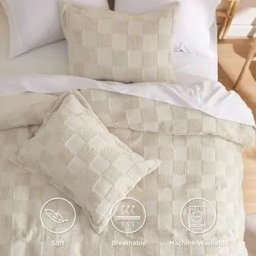 Bedsure Boho Duvet Cover Queen Size - Checkered Duvet Cover Queen Set for All Seasons, 3 Pieces Soft Shabby Chic Embroidery Boho Bedding, Comforter Not Included (Beige, 90" x 90")