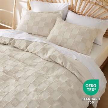 Bedsure Boho Duvet Cover Queen Size - Checkered Duvet Cover Queen Set for All Seasons, 3 Pieces Soft Shabby Chic Embroidery Boho Bedding, Comforter Not Included (Beige, 90" x 90")
