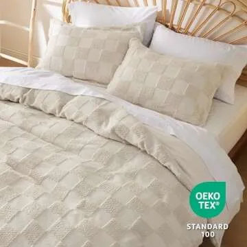 Bedsure Boho Duvet Cover Queen Size - Checkered Duvet Cover Queen Set for All Seasons, 3 Pieces Soft Shabby Chic Embroidery Boho Bedding, Comforter Not Included (Beige, 90" x 90")