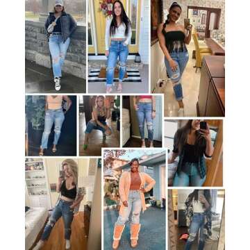 OFLUCK High Waisted Jeans for Women Blue Ripped Boyfriend Jean Trendy Stretchy Straight-Leg Ankle Distressed Denim Pants