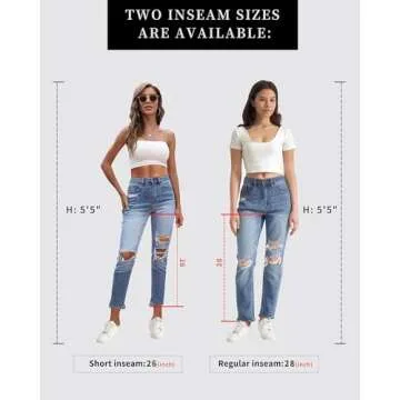 OFLUCK High Waisted Jeans for Women Blue Ripped Boyfriend Jean Trendy Stretchy Straight-Leg Ankle Distressed Denim Pants