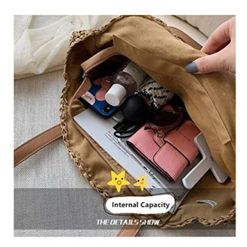 Beach Bags for Women Straw Bag Vacation Summer Large Foldable Straw Beach Bag Tote Woven Shoulder Purse Handbag Beach Gifts (Beige)