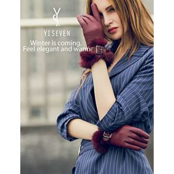 YISEVEN Womens Sheepskin Leather Gloves with Rabbit Fur Cuff - Touchscreen, Warm & Stylish