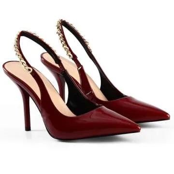iiimmu Cherry Red Heels 4 in, Closed Toe Slingback Pumps with Chain for Wedding Party Dress Prom Heels, Patent Leather, Size 10