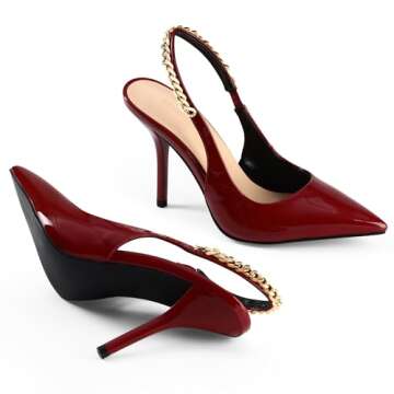 iiimmu Cherry Red Heels 4 in, Closed Toe Slingback Pumps with Chain for Wedding Party Dress Prom Heels, Patent Leather, Size 10