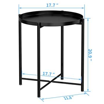 JANE EYRE Tray End Table - Small Round Side Table, Anti-Rust and Waterproof Outdoor & Indoor Metal Snack Table with Removable Tray, Sofa Side Table, (H) 20.6" x (D) 17.5" - Black