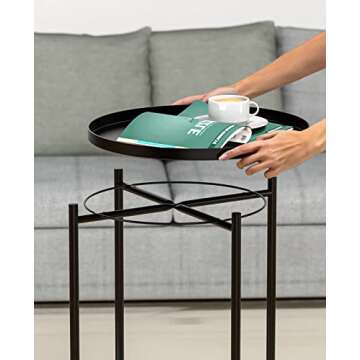JANE EYRE Tray End Table - Small Round Side Table, Anti-Rust and Waterproof Outdoor & Indoor Metal Snack Table with Removable Tray, Sofa Side Table, (H) 20.6" x (D) 17.5" - Black