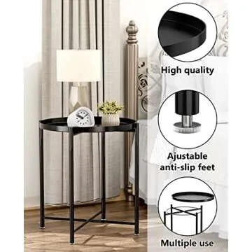 JANE EYRE Tray End Table - Small Round Side Table, Anti-Rust and Waterproof Outdoor & Indoor Metal Snack Table with Removable Tray, Sofa Side Table, (H) 20.6" x (D) 17.5" - Black