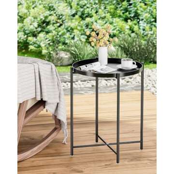 JANE EYRE Tray End Table - Small Round Side Table, Anti-Rust and Waterproof Outdoor & Indoor Metal Snack Table with Removable Tray, Sofa Side Table, (H) 20.6" x (D) 17.5" - Black
