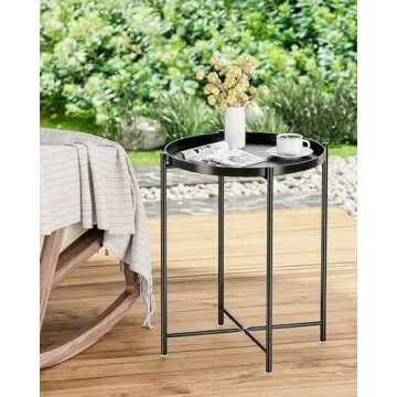JANE EYRE Tray End Table - Small Round Side Table, Anti-Rust and Waterproof Outdoor & Indoor Metal Snack Table with Removable Tray, Sofa Side Table, (H) 20.6" x (D) 17.5" - Black