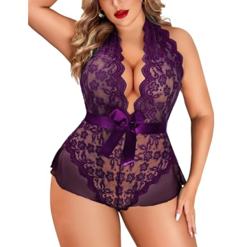 Avidlove Women Plus Size Lingerie Sexy Bodysuit Halter Deep V Lace Teddy Babydoll Wineberry 16 Plus
