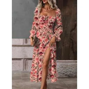 BLENCOT Women's Floral Square Neck Long Sleeve Dress with Tie Front