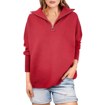 ANRABESS Women Quarter Zip Oversized Casual Loose Rib Knit Cozy Pullover Sweaters Top 2024 Fall Fash...