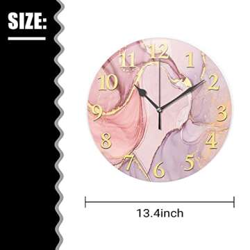 ACOZUHSE Marble Texture Wall Clock, Pink Gold Tie Dye Wall Clock Golden Line Marbling Stone Clocks, Battery Operated 13.4"x13.4" Round Clock Wall for Kitchen Living Room Bedroom Office Wall Decor