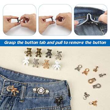 10 Pairs Bear Jean Buttons Pins, Adjustable Pant Waist Tightener Button Detachable Waist Tightener Clip for Dresses Pants Jeans Sleeves Too Big