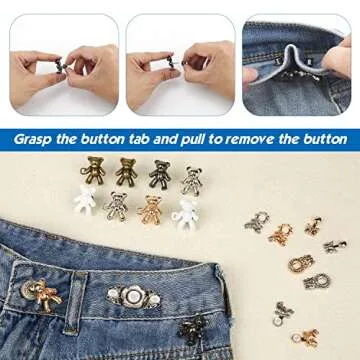 10 Pairs Bear Jean Buttons Pins, Adjustable Pant Waist Tightener Button Detachable Waist Tightener Clip for Dresses Pants Jeans Sleeves Too Big