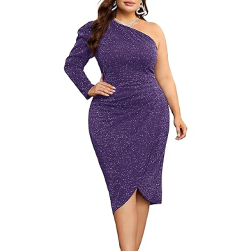 KIMCURVY Plus Size Sparkly One Shoulder Asymmetrical Midi Dress - Purple 24W