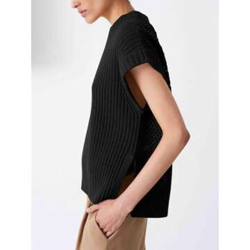 YKR Cap Sleeve Sweater Vest for Women Crew Neck Short Sleeve Sweater Oversized Knit Ribbed Pullover Tank Tops Black