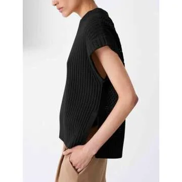 YKR Cap Sleeve Sweater Vest for Women Crew Neck Short Sleeve Sweater Oversized Knit Ribbed Pullover Tank Tops Black