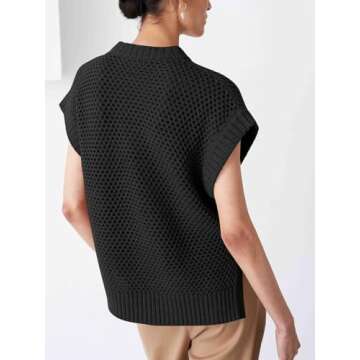 YKR Cap Sleeve Sweater Vest for Women Crew Neck Short Sleeve Sweater Oversized Knit Ribbed Pullover Tank Tops Black