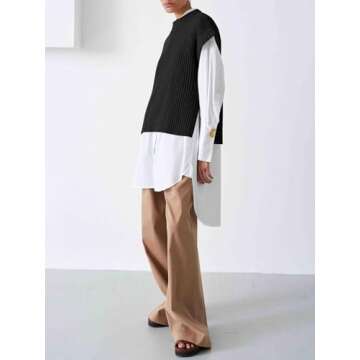 YKR Cap Sleeve Sweater Vest for Women Crew Neck Short Sleeve Sweater Oversized Knit Ribbed Pullover Tank Tops Black