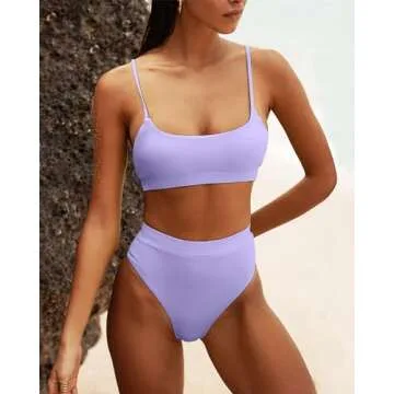MELYUM Womens High Waisted Swimsuits Bottom Padded Bathing Suits Bikini Sets Top Two Piece Swimwear Light Purple