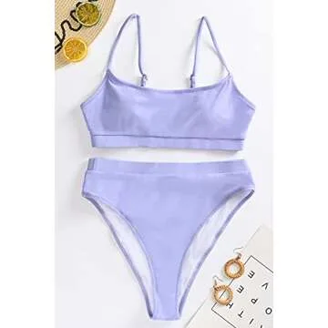 MELYUM Womens High Waisted Swimsuits Bottom Padded Bathing Suits Bikini Sets Top Two Piece Swimwear Light Purple