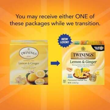 Twinings Lemon & Ginger Tea - Refreshing Ginger Root and Lemon Tea, Naturally Caffeine-Free Herbal Tea Bags Individually Wrapped, 50 Count