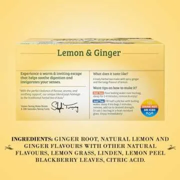 Twinings Lemon & Ginger Tea - Refreshing Ginger Root and Lemon Tea, Naturally Caffeine-Free Herbal Tea Bags Individually Wrapped, 50 Count